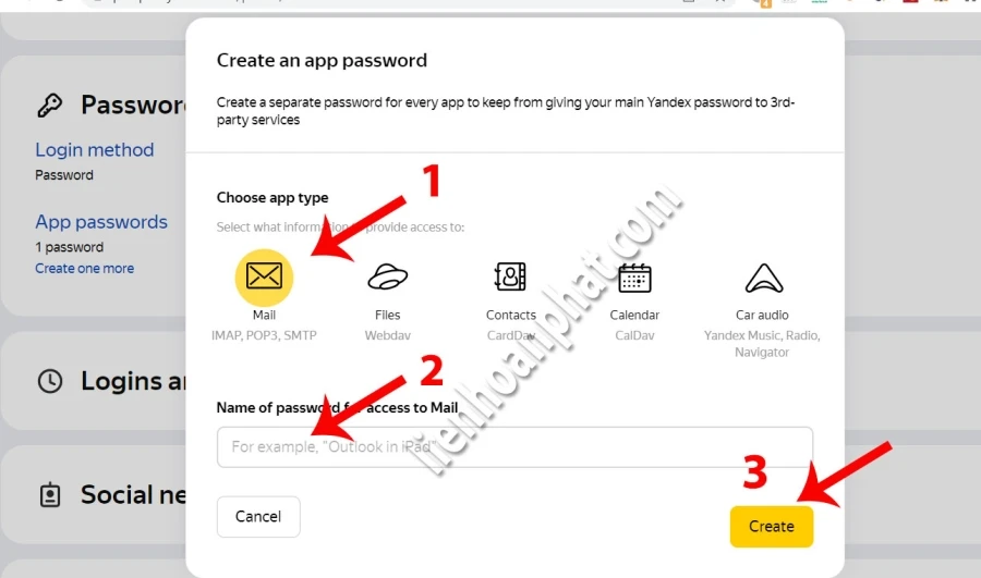 mật khẩu ứng dụng mail yandex