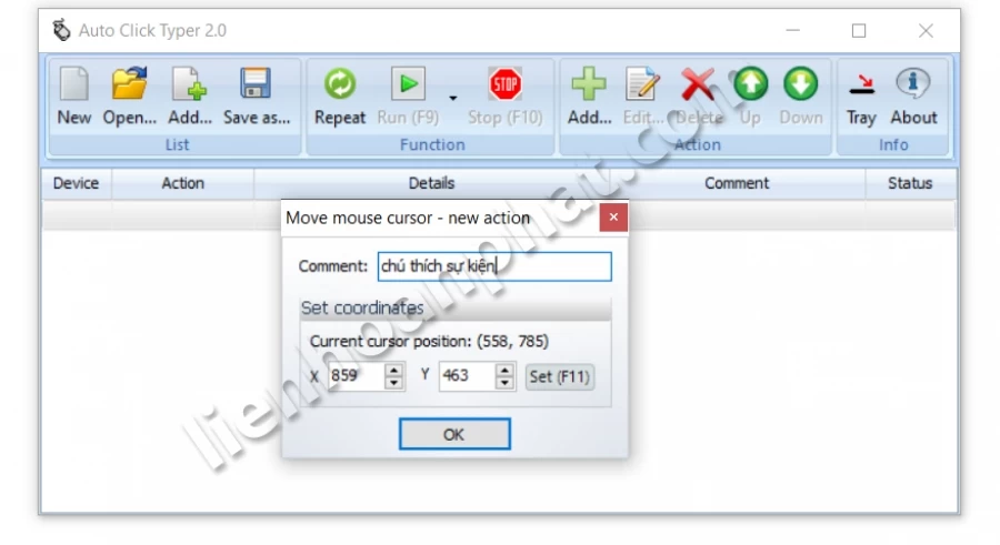 rê chuột tới tọa độ
