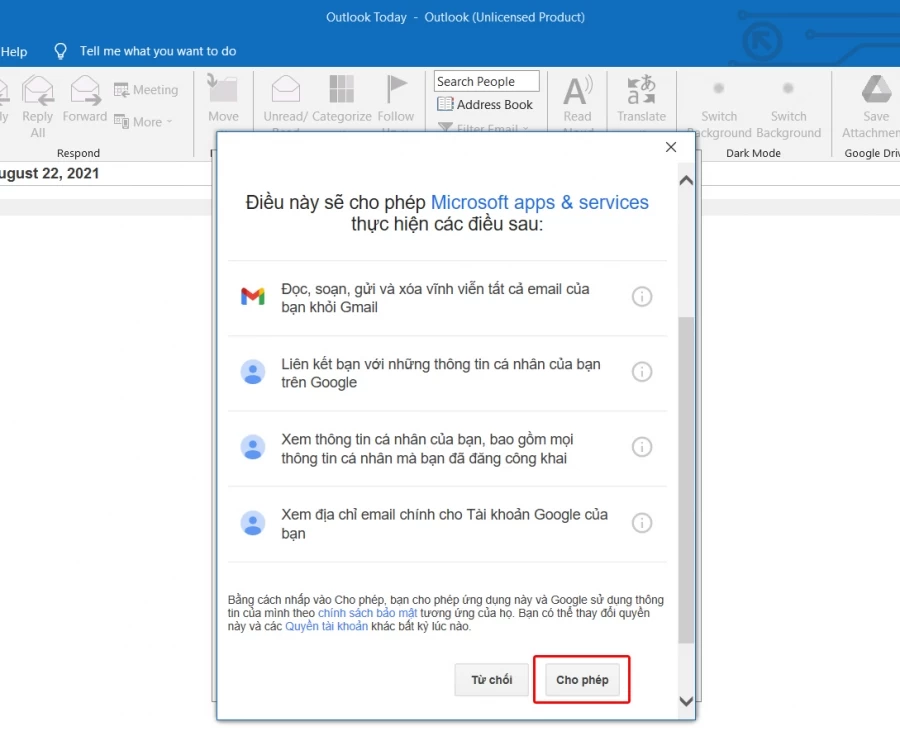 thêm gmail vào outlook