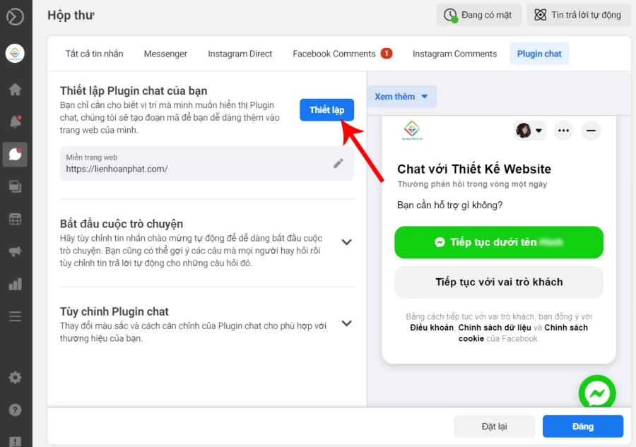 thiết lập và lấy code chat facebook