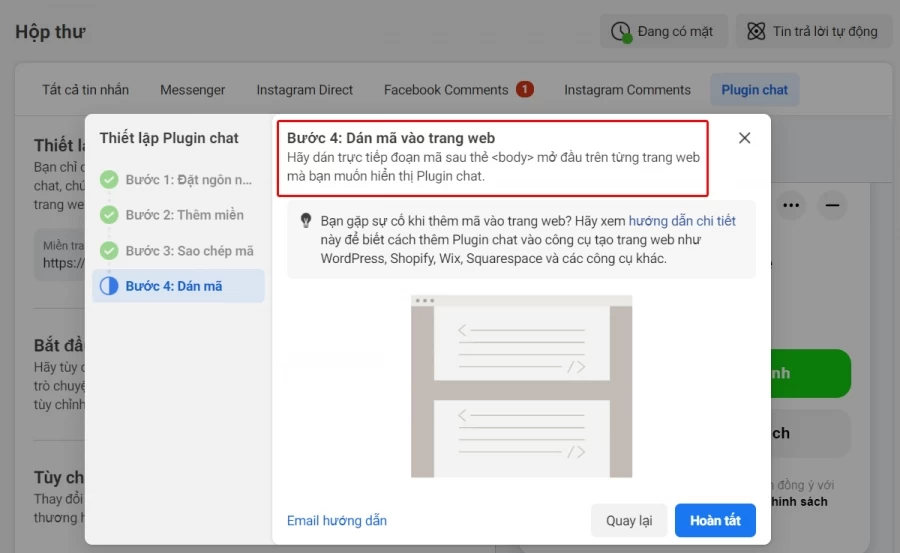 Hoàn thành lấy code chat facebook