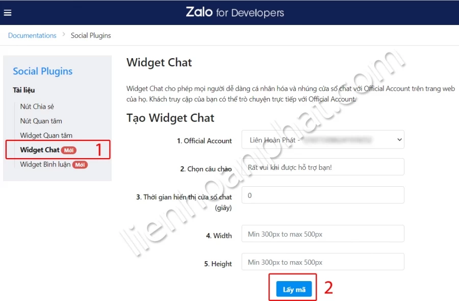 Lấy mã code để tích hợp