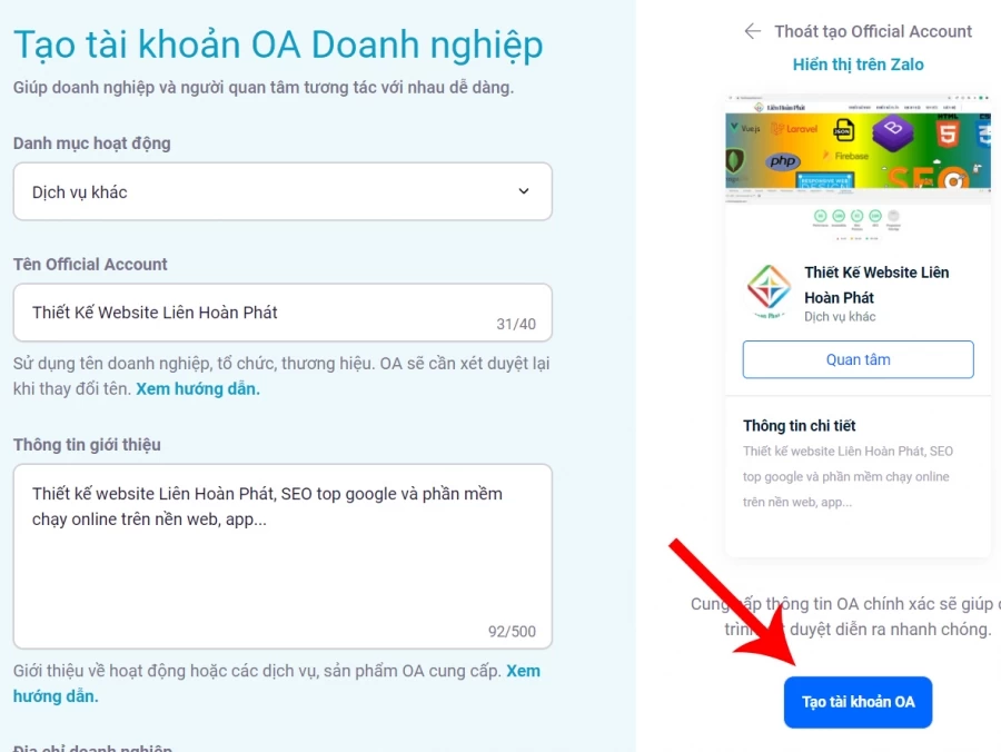 Tạo tài khoản zalo OA