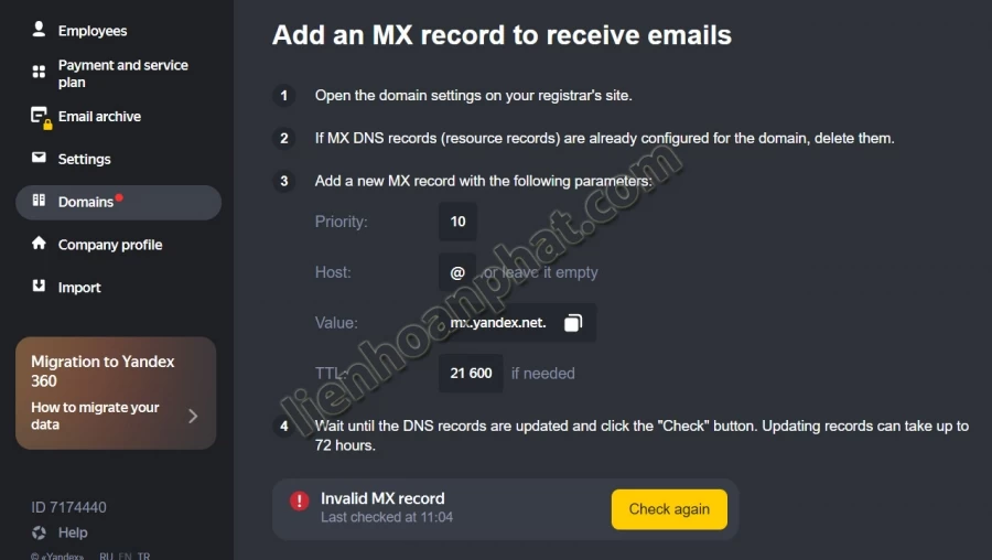 thêm record mx yandex