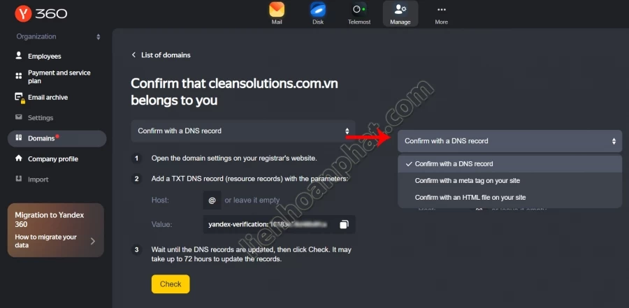 xác nhận tiên miền yandex