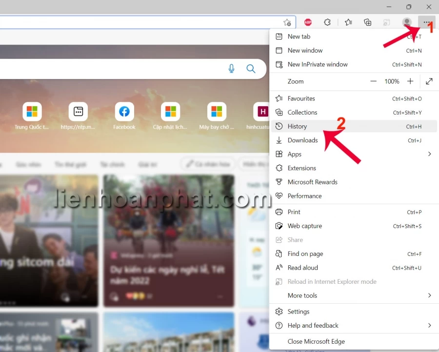xóa lịch sử truy cập web trên edge